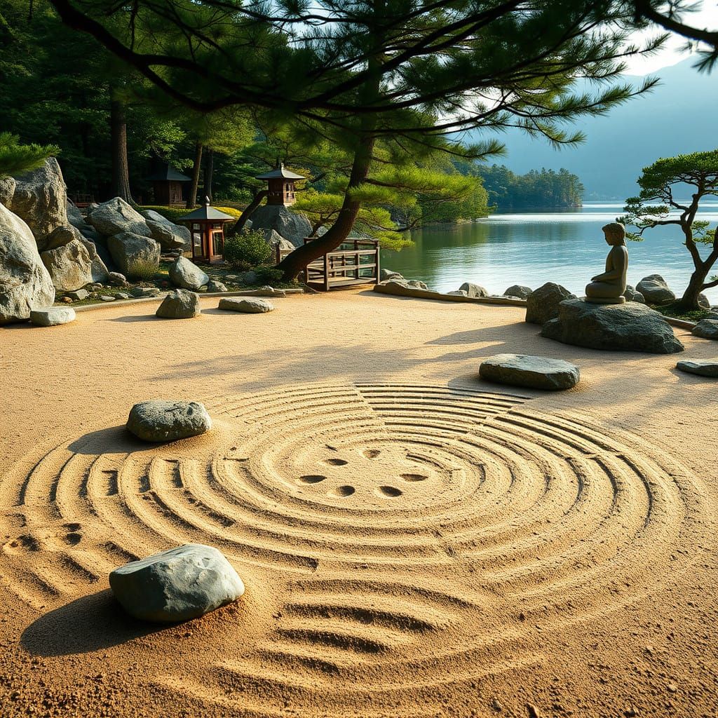 Serene Japanese Rock Garden in a Geometric Style