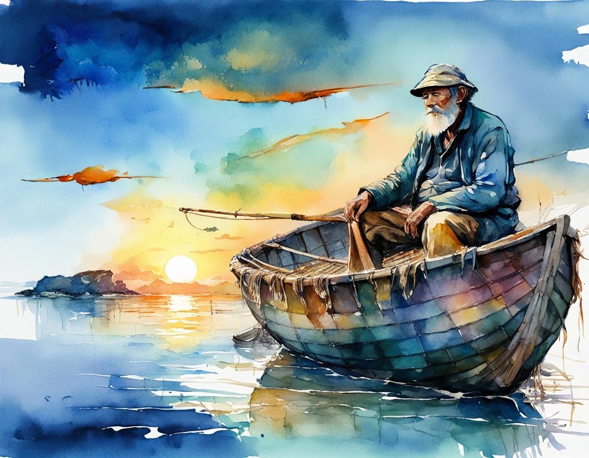 Fisherman at Sunrise: Digital Watercolor Illustration