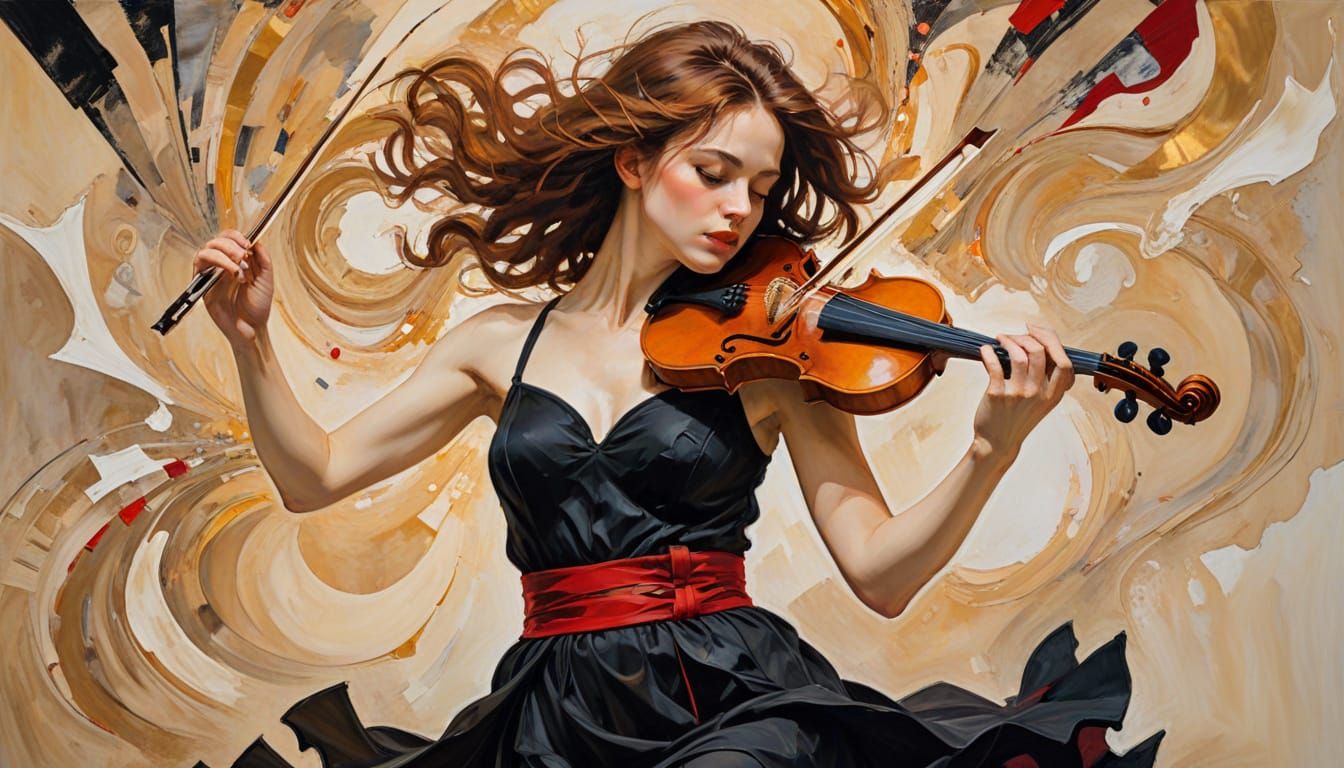 Expressive Oil Painting of a Woman Playing the Violin in a F...