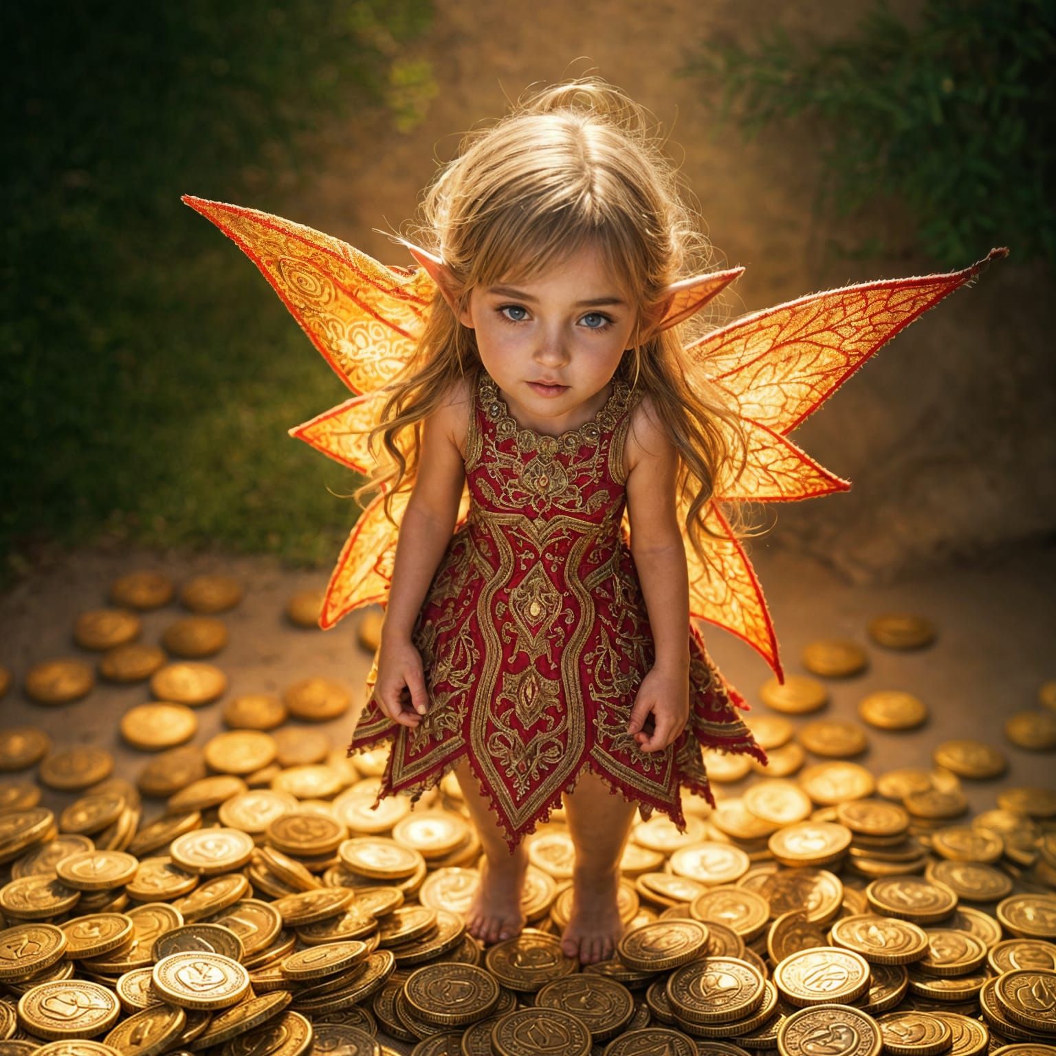 Beautiful Elf in Gold Coins, Hyperrealistic Image