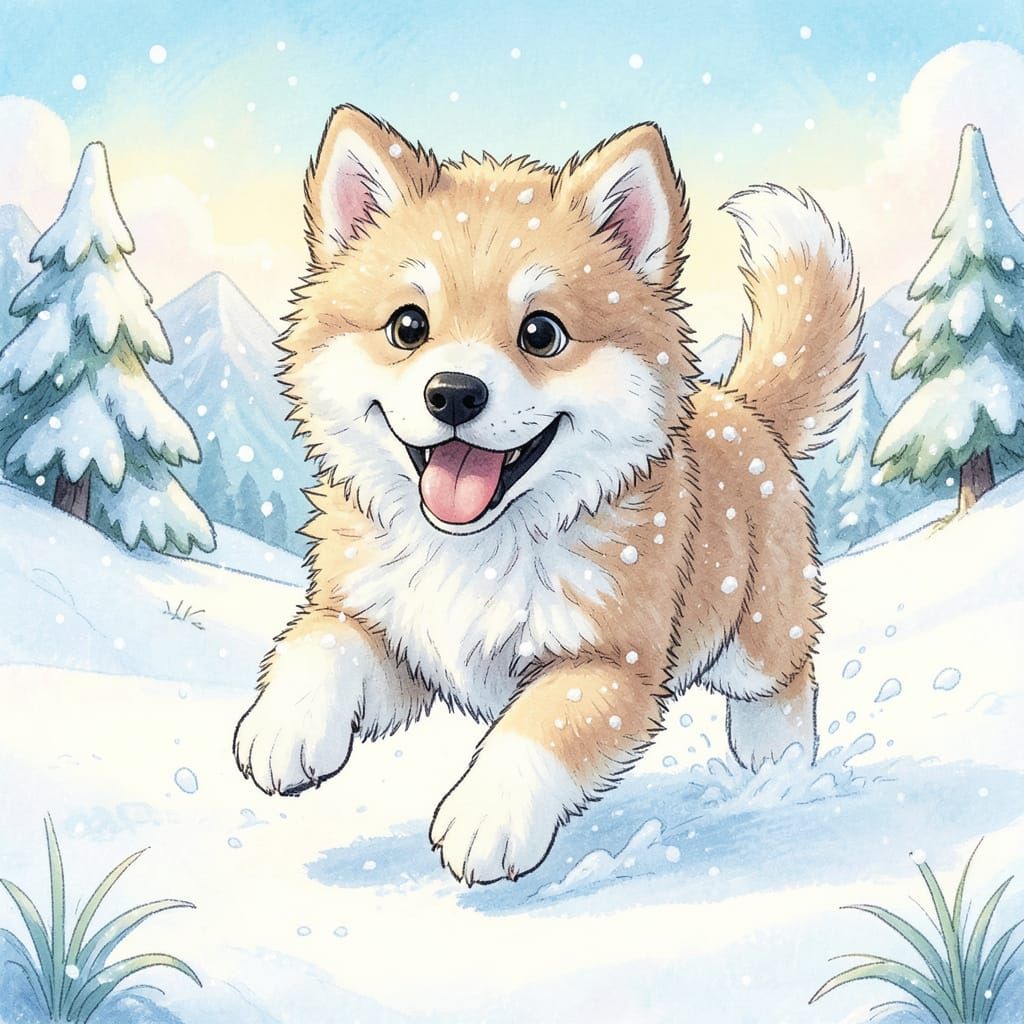 Joyful Samoyed Puppy Running in Winter Snow