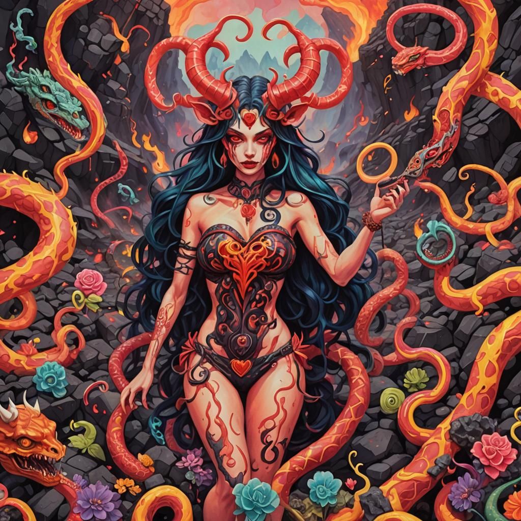 Demon in Candyland Holding Heart, Gouache Painting