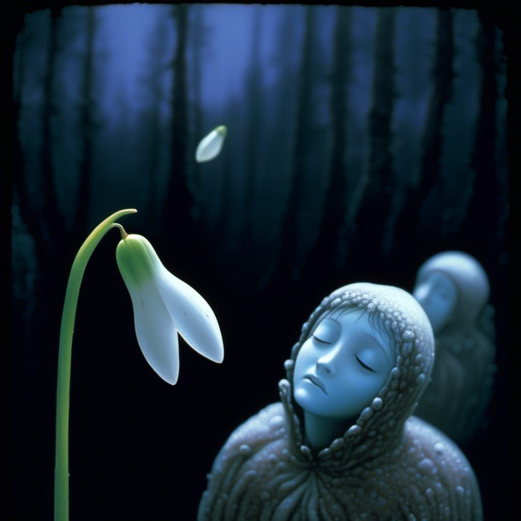 Snowdrop fairies leaving their flowers at night.