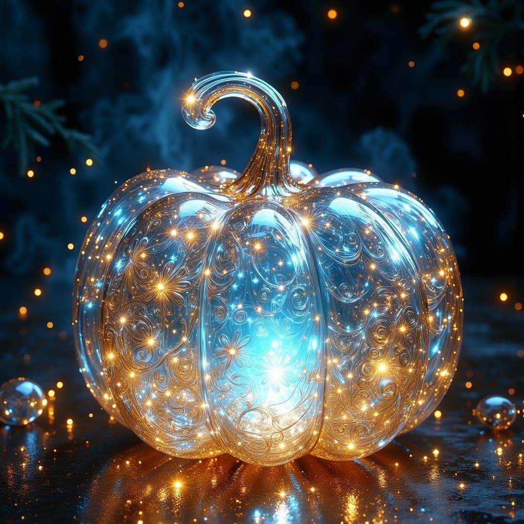 Glass Pumpkin's Ethereal Blue Glow in Art Nouveau Style