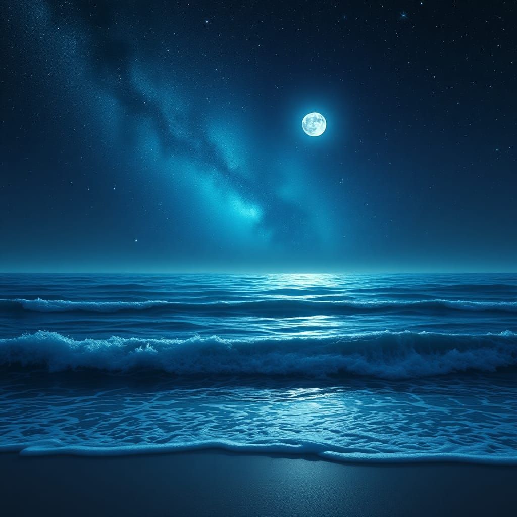 Nocturnal Ocean Under Teal Galaxy