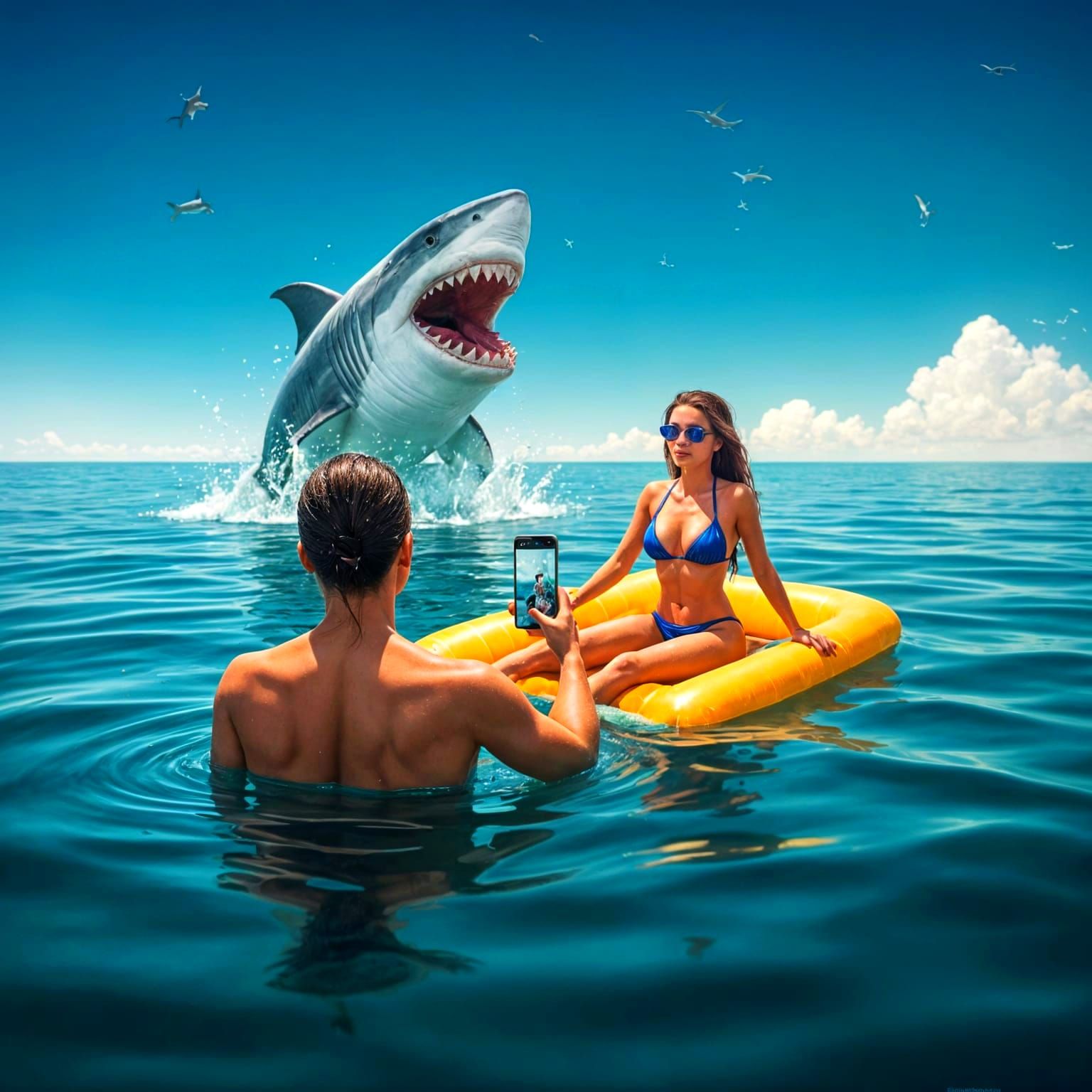 Cartoon Shark Photobombing a Seaside Selfie