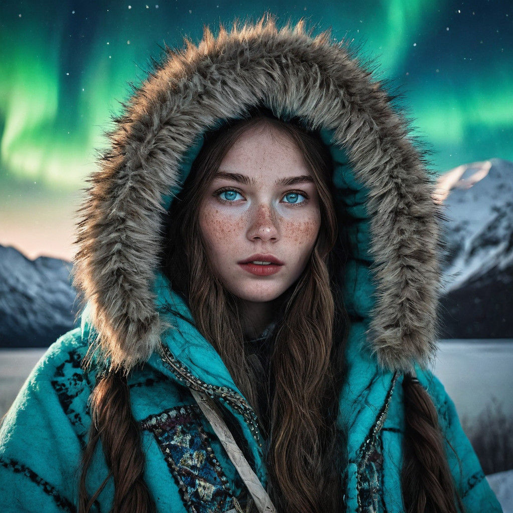 Futuristic Saami Princess Amidst Aurora Borealis Magic