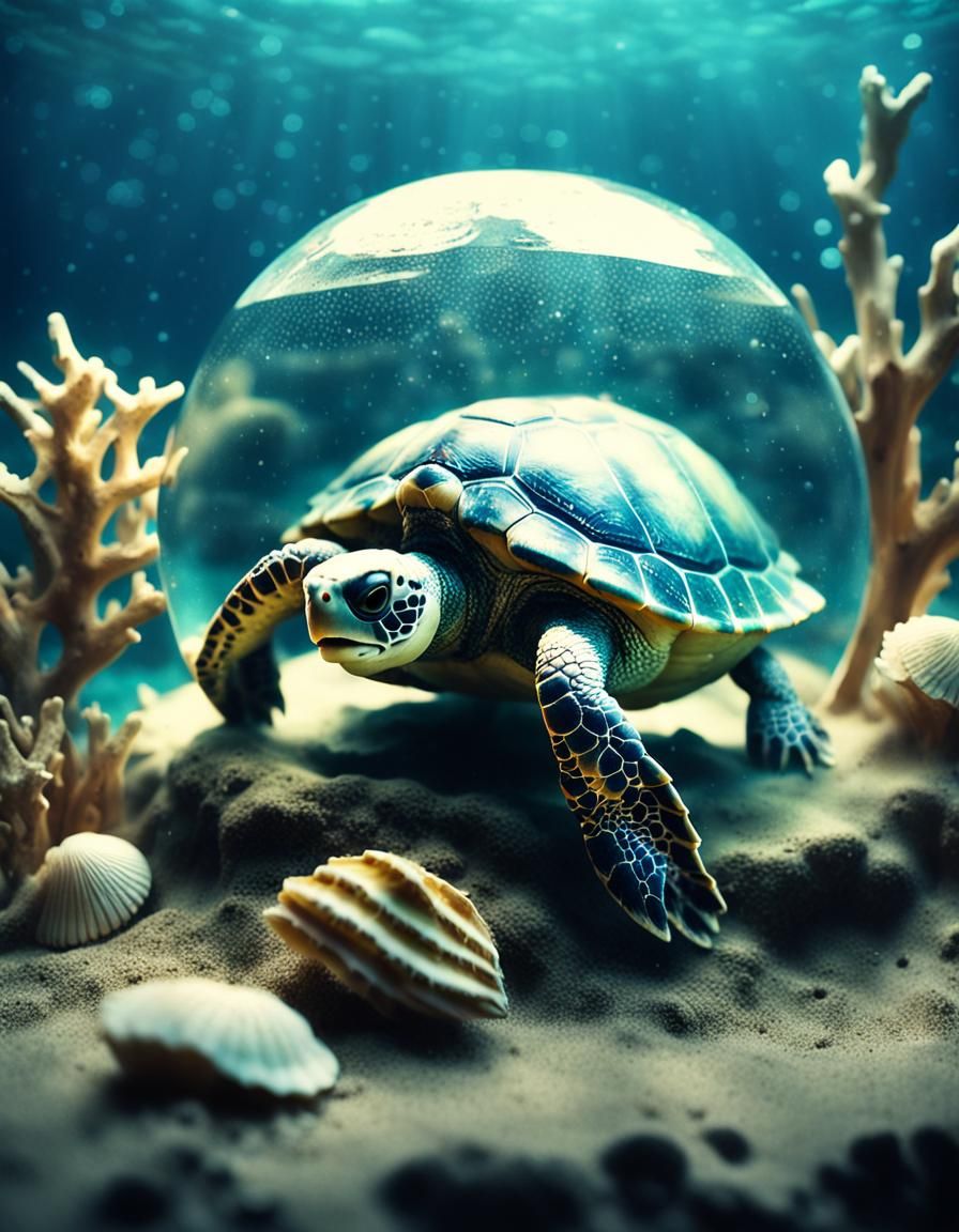 Underwater Sea Turtle Snow Globe: Cinematic Film Still