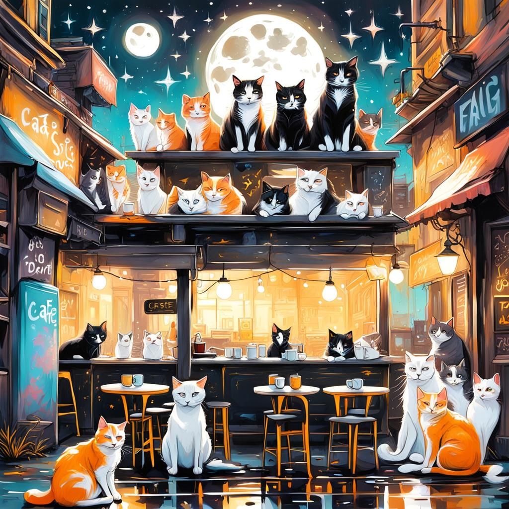 Night Cat Cafe in Graffiti Street Art Style