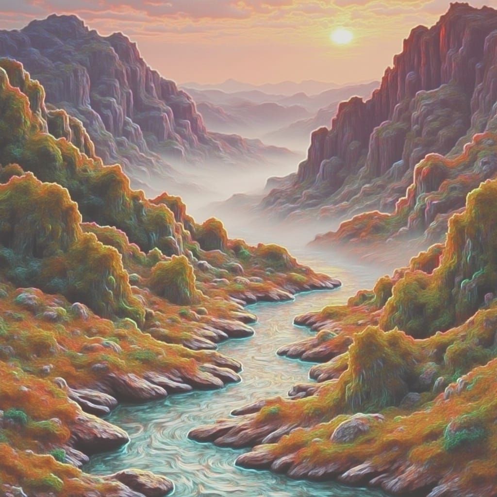 Watercolor River Ascends Misty Mountains with Neon Accents