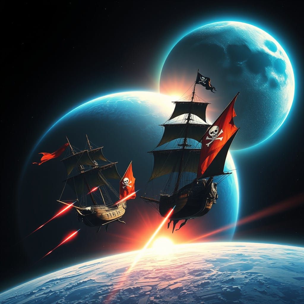 Majestic Space Pirate Ships Engage in Epic Battle Amidst Stu...