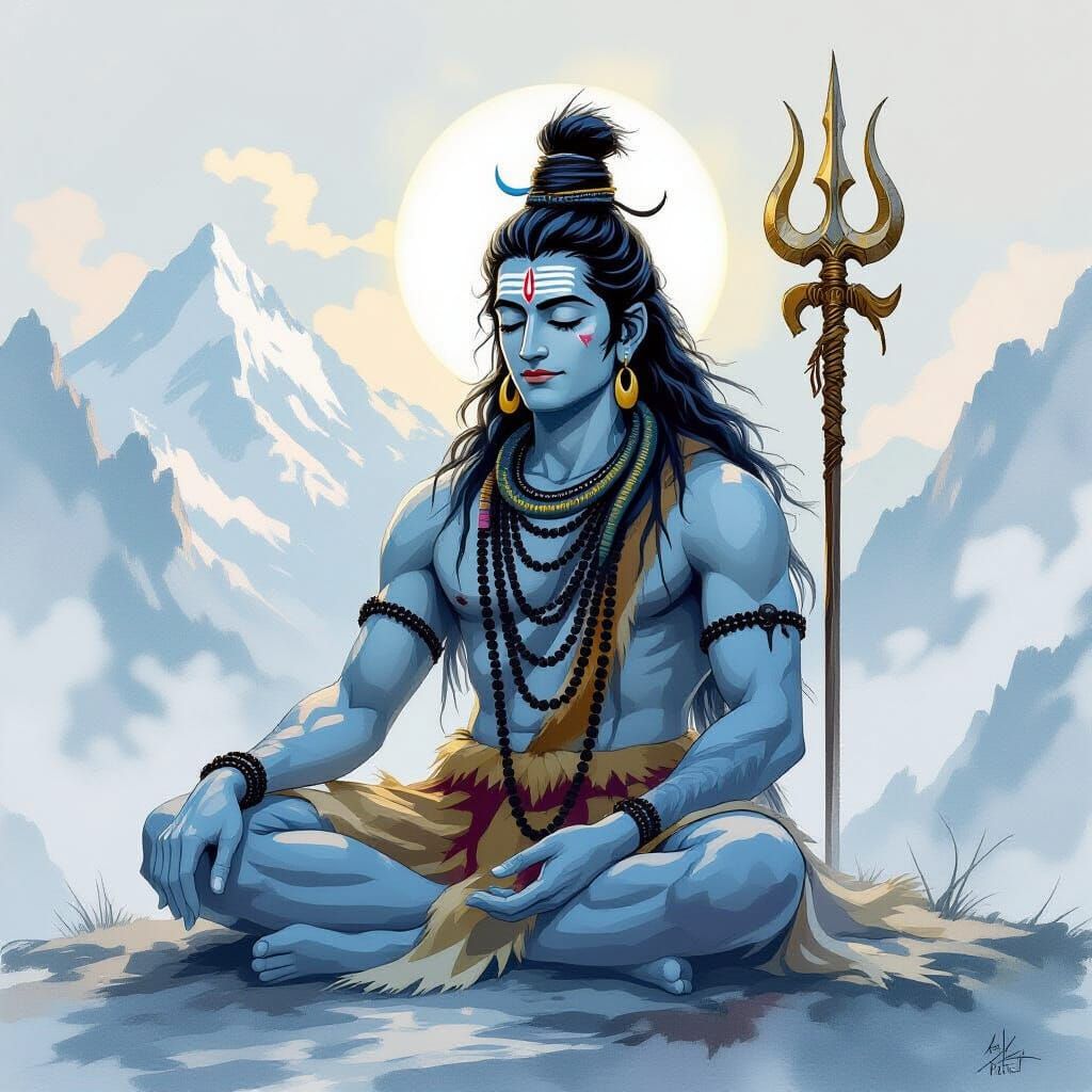 Shiva in Meditation, Watercolor Style