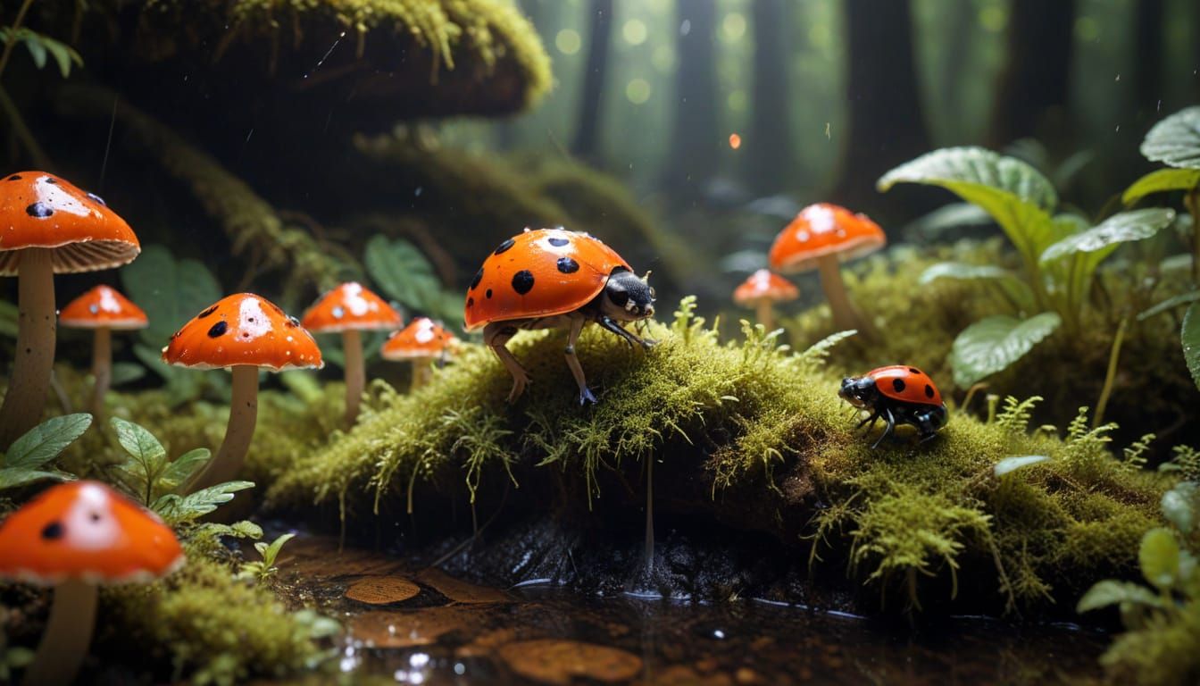 Whimsical Forest Scene with Glowing Mushrooms and Wildlife
