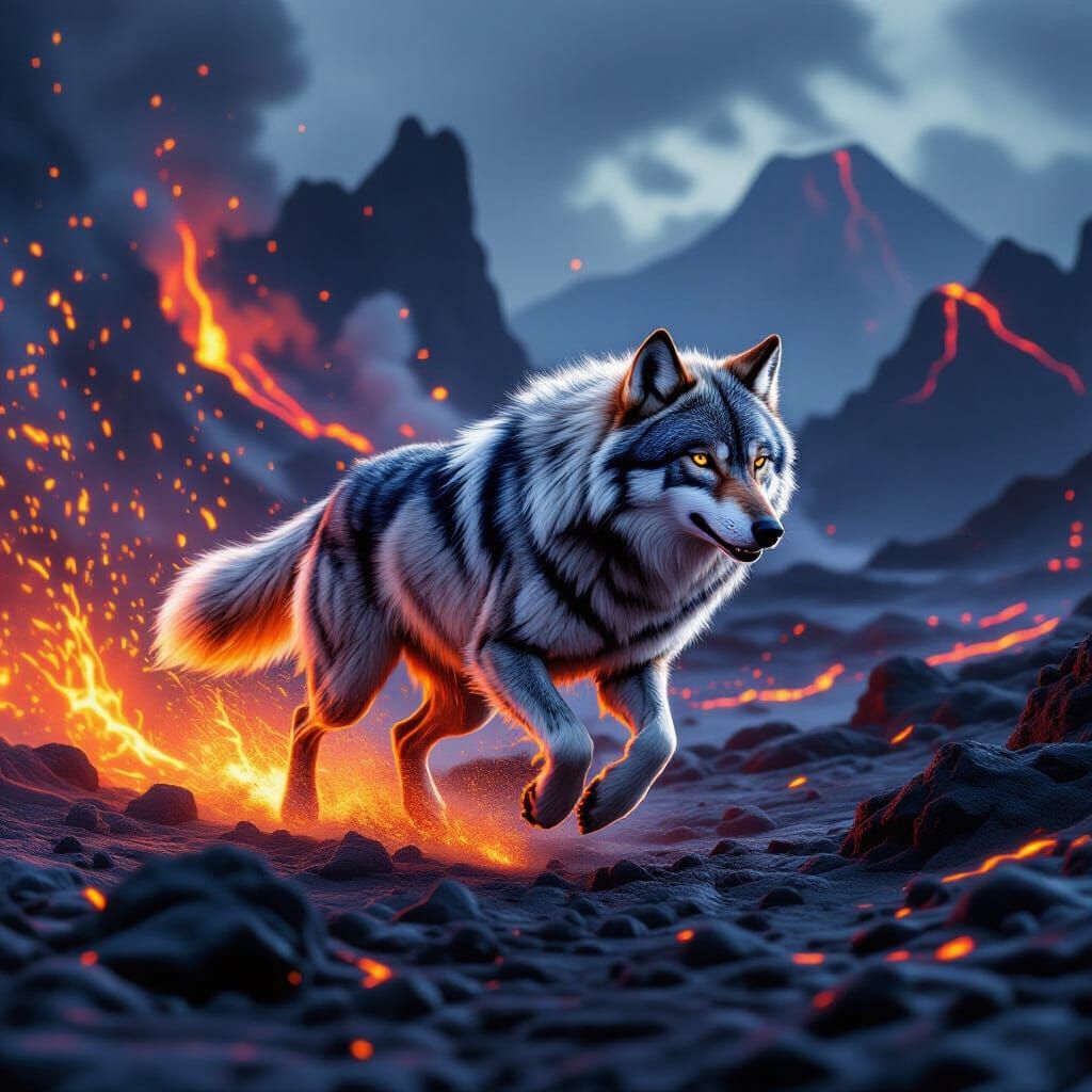 Majestic Wolf Runs Through Volcanic Landscape