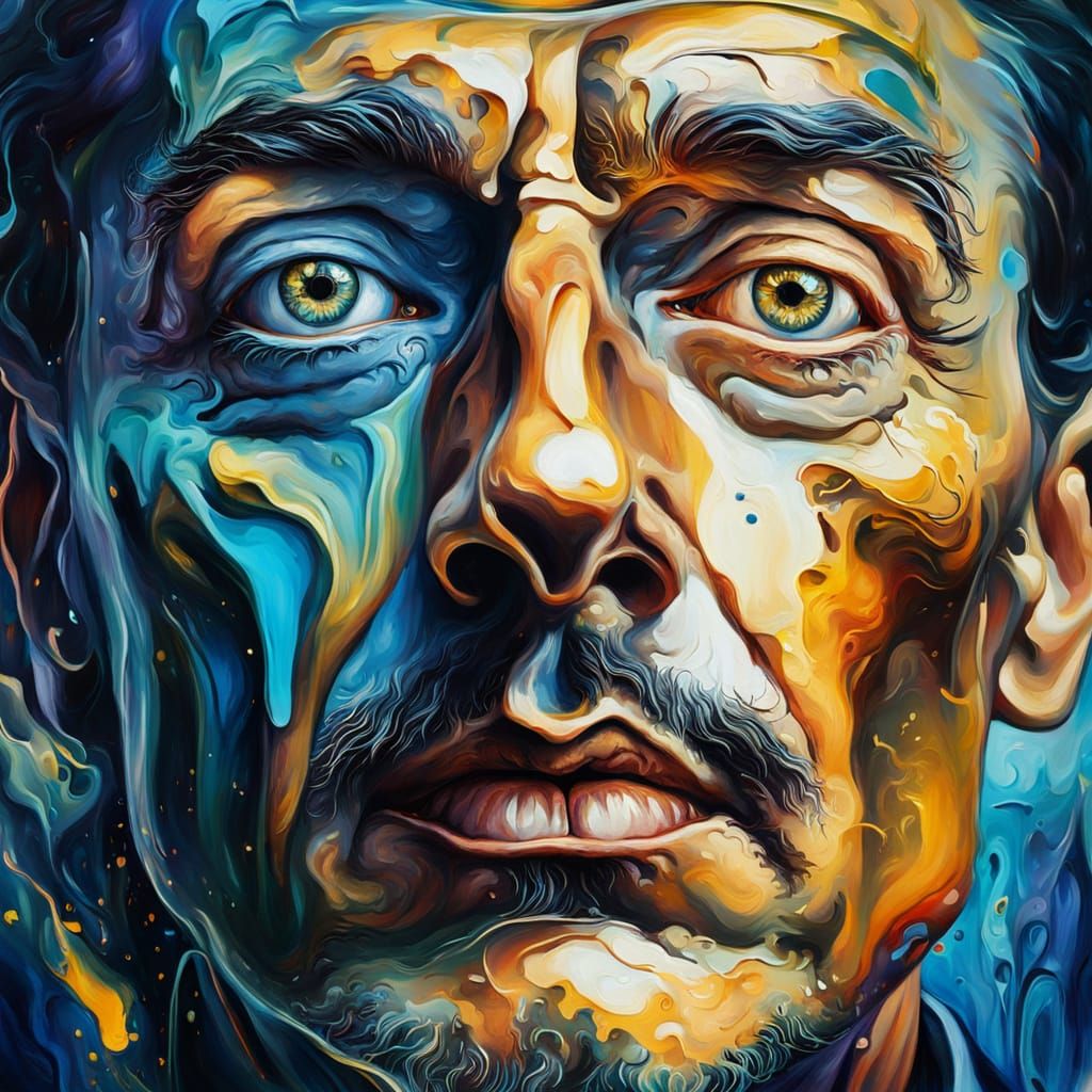 Surreal Oil Painting of a Man's Face in a Dreamlike Atmosphe...