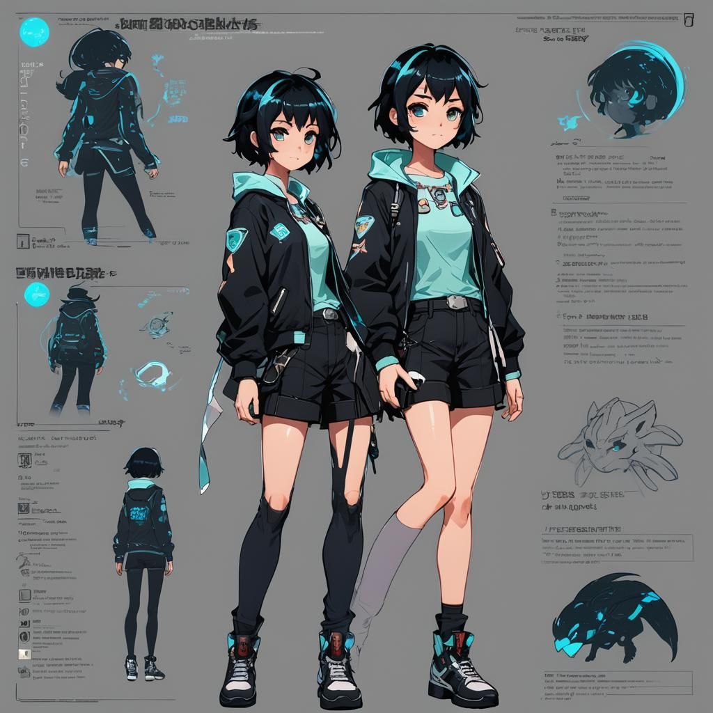 Anime Girl Character Sheet with Bioluminescent Falcon