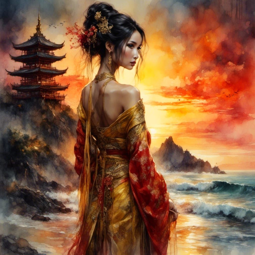 Watercolor Japanese Princess on Sunset Beach