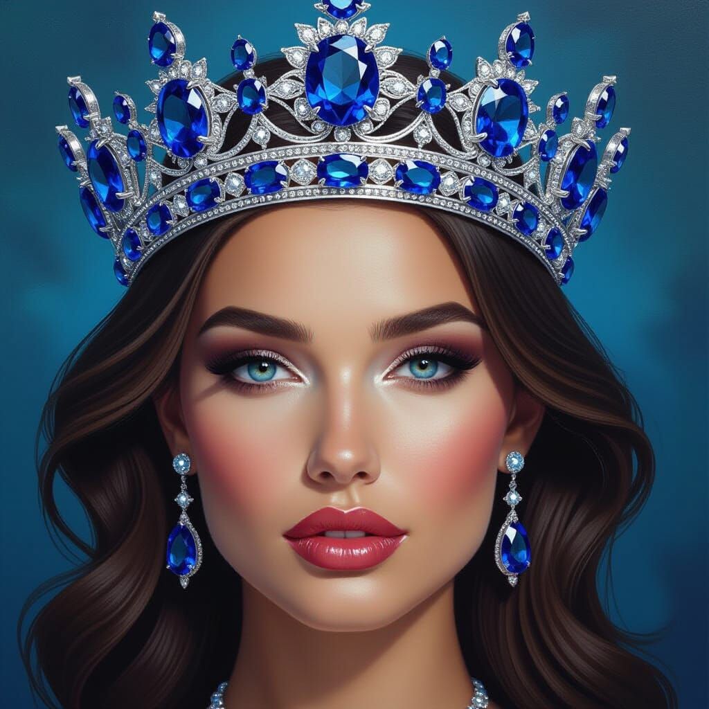 Queen's Sapphire Crown in Fantasy Oil Painting Style