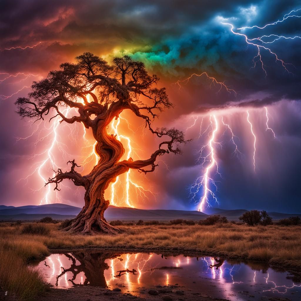 Surreal Lightning Storm Ignites Ancient Tree