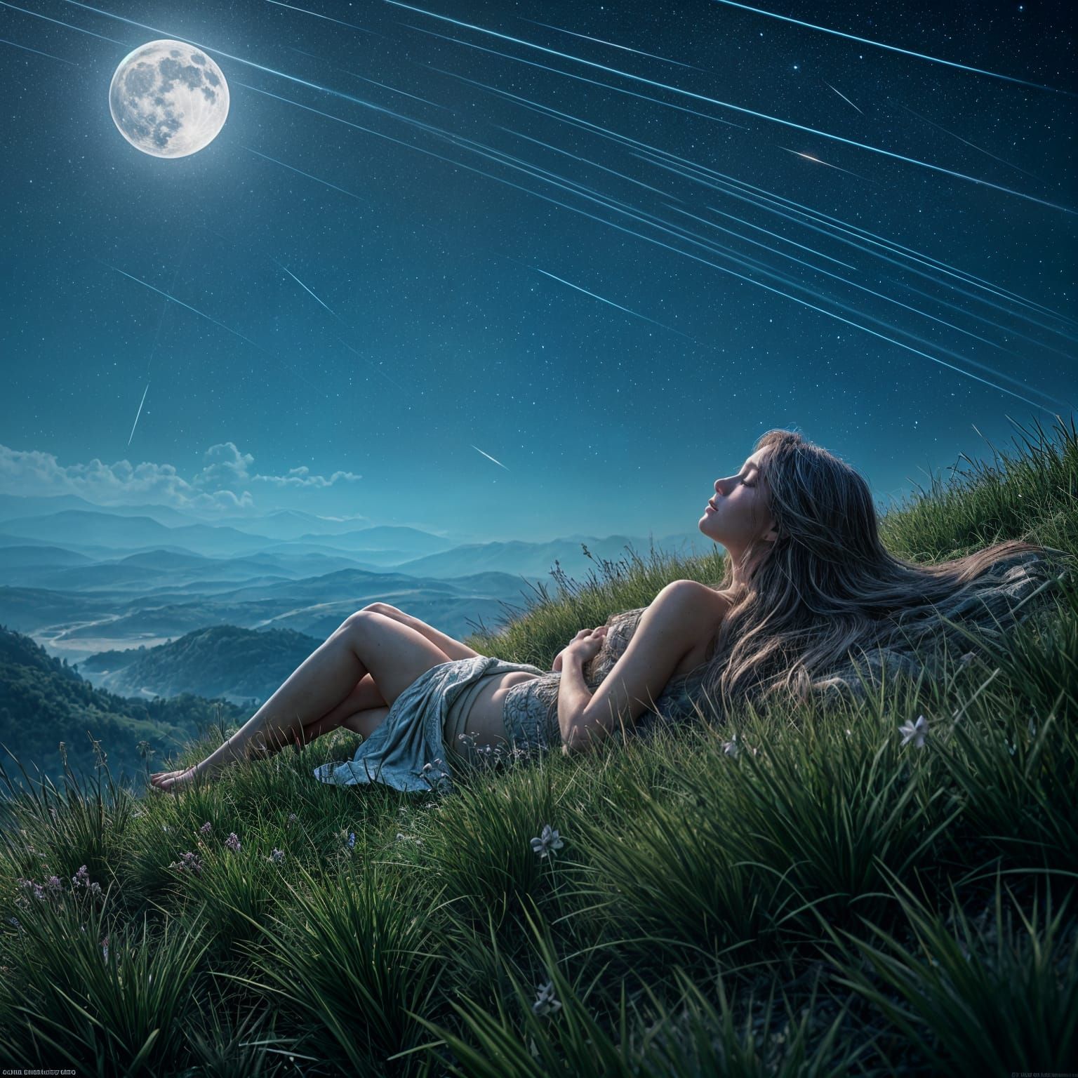 Woman Gazing at Shooting Stars, Fantasy Concept Art