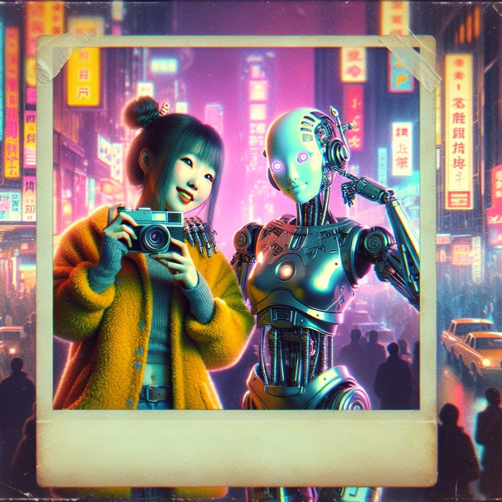 Cyborg and Human Selfie in Cyberpunk Cityscape
