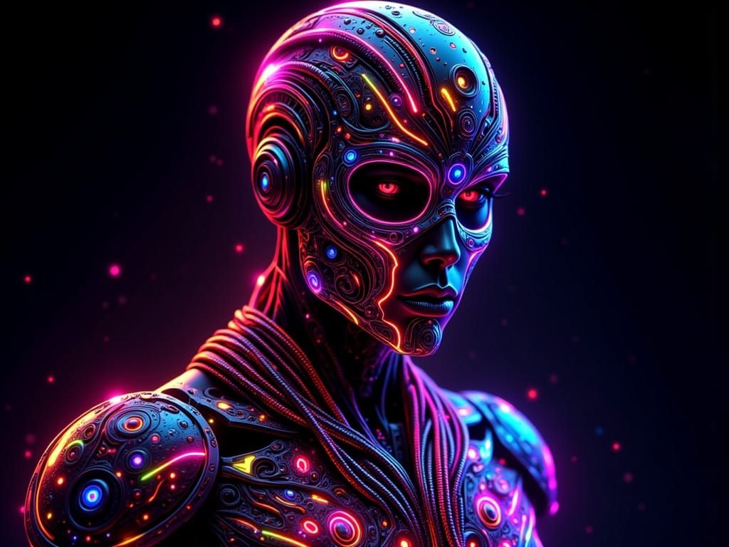 Vibrant Neon Figure in Cubist Action Painting