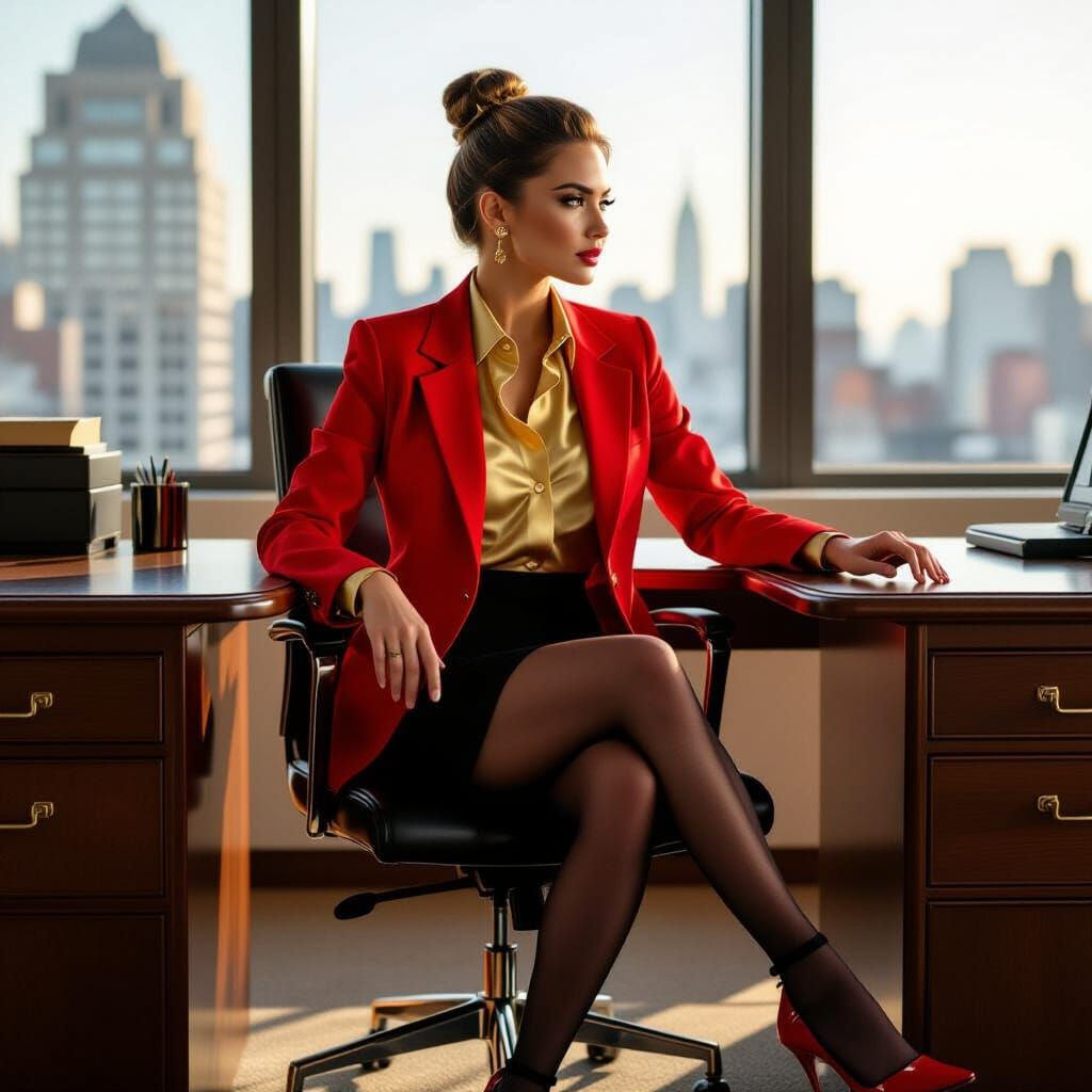 Businesswoman in Red Jacket at Office Desk