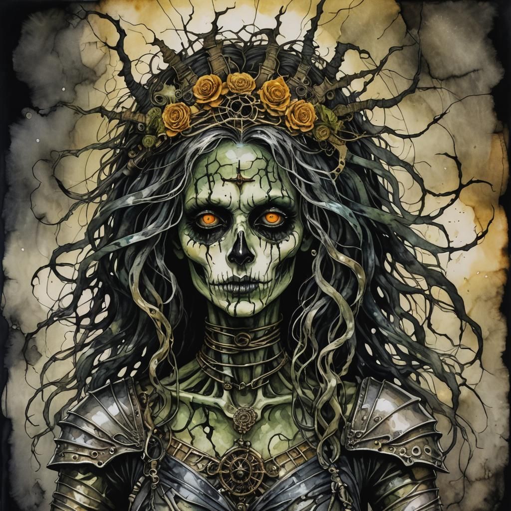 Halloween party Mummy, Medusa, Zombie, otherworldly gothic Alcohol ink God rays, M.C. Eachem Arthur Rackham diesel punk