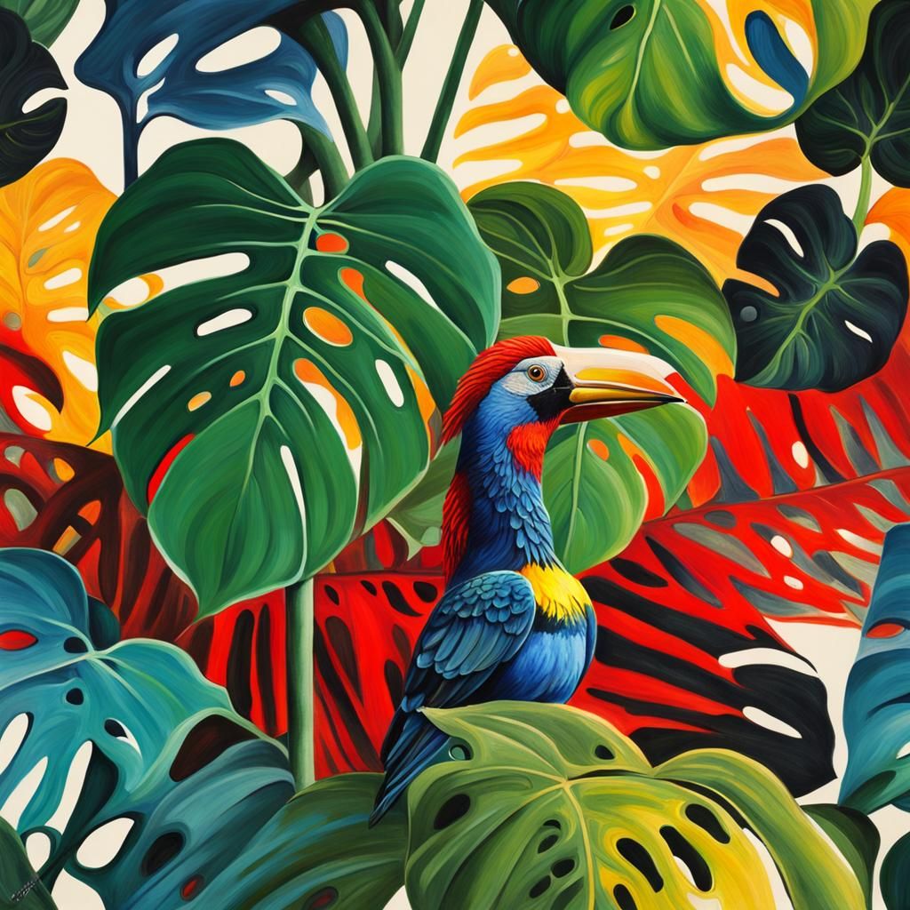 Tropical Bird Peeks Through Surreal Gouache Monstera