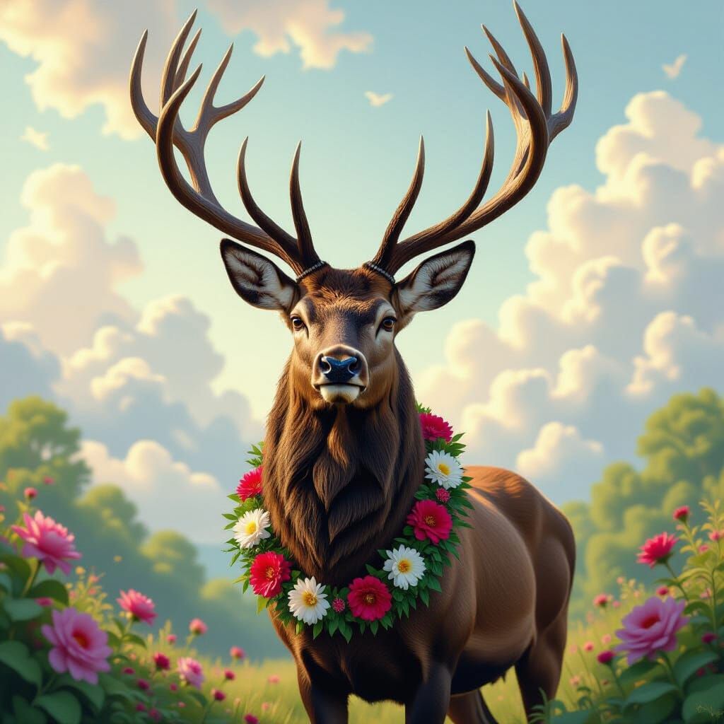 Majestic Stag in Floral Garland, Hyperrealistic Digital Pain...