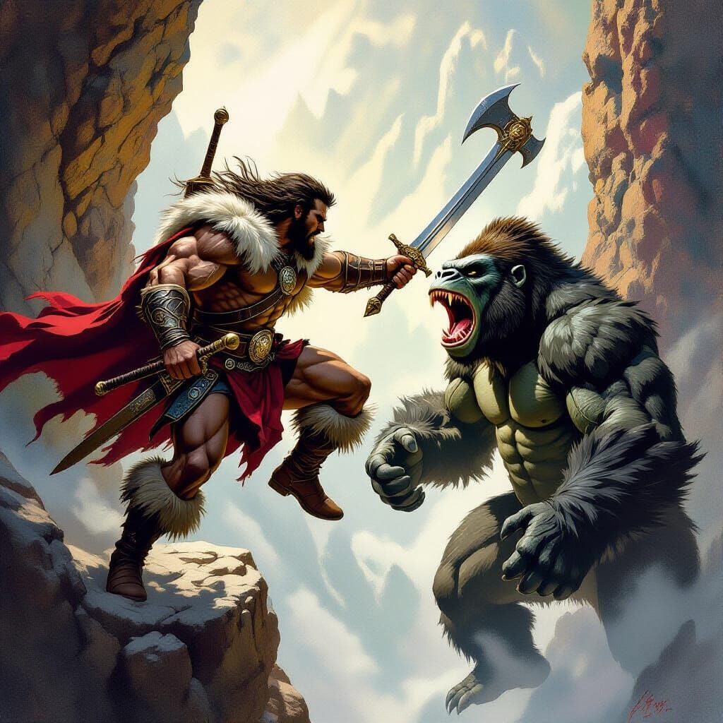 Heroic Warrior Attacks Lizard Monster Pulp Fantasy Art