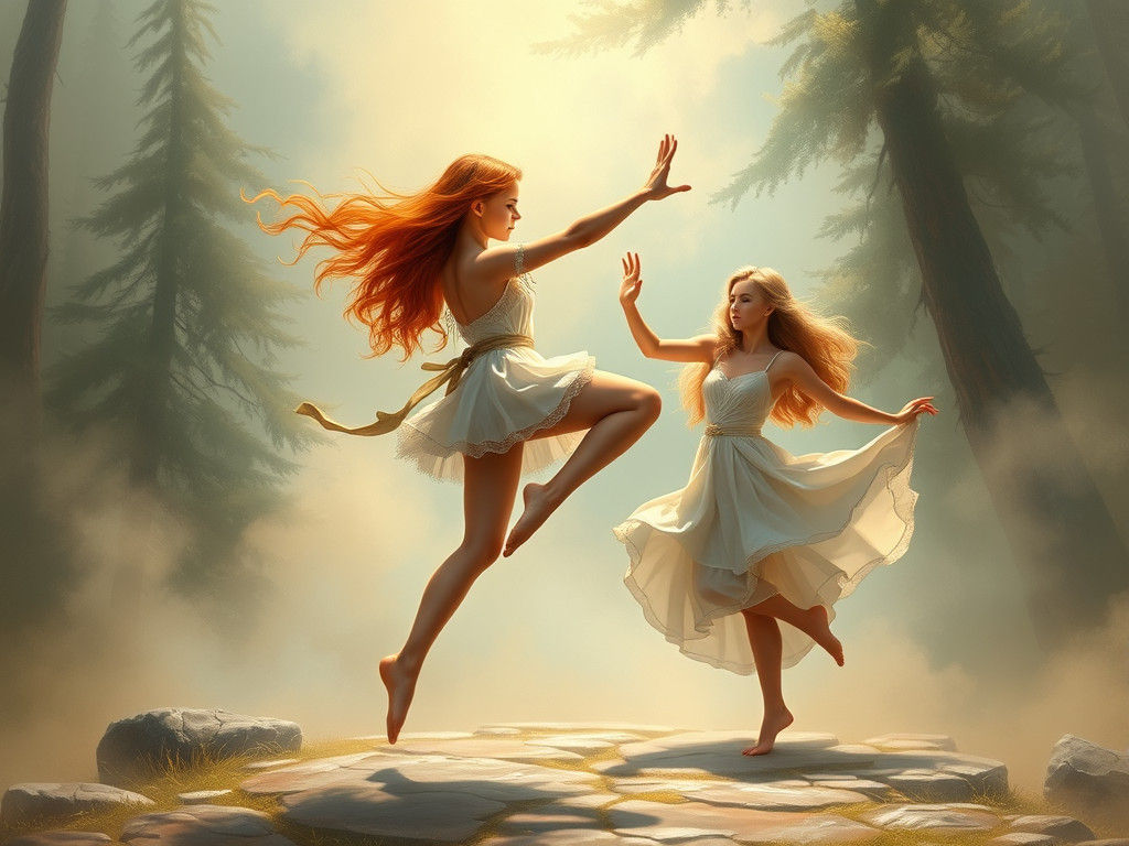 Capoeira Dancers in Ethereal Forest, Fantasy Art