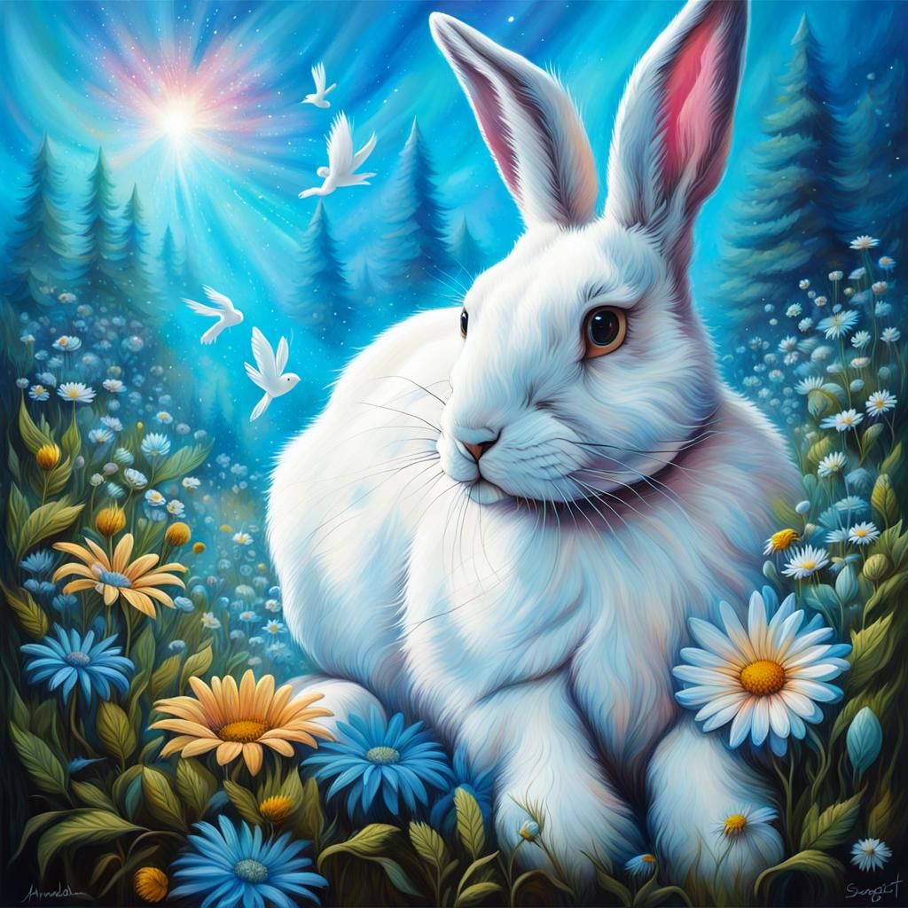 Whispers of Serenity: The Majestic Tale of a White Bunny Amidst Daisies and Blue Skies