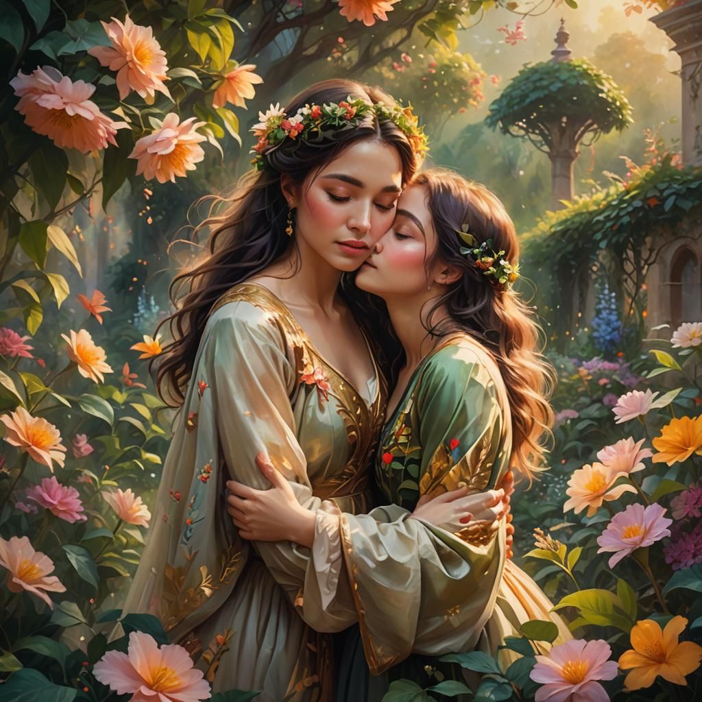 Women's Tender Embrace in Lush Fantasy Garden