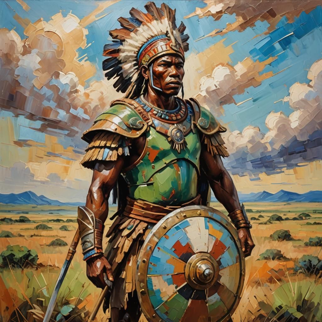 Fierce Zulu Warrior in Expressionist Oil Painting