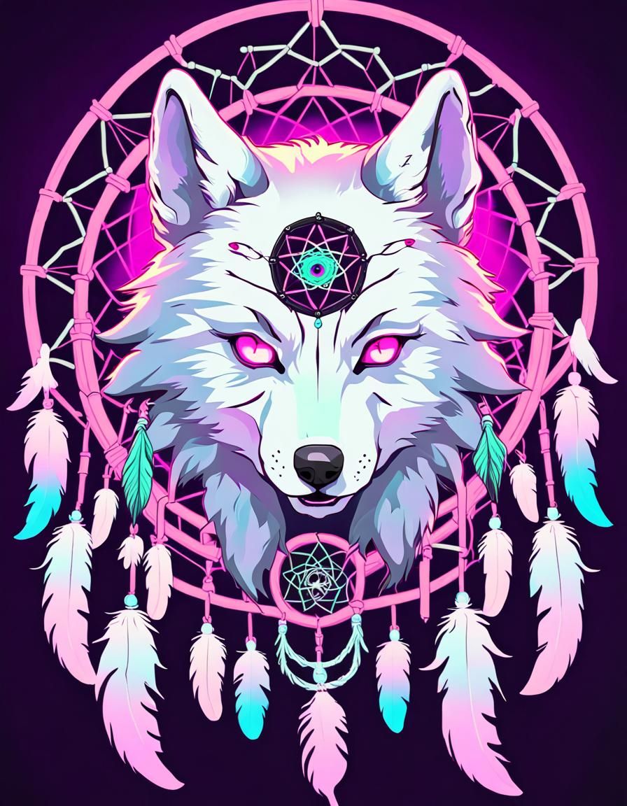 Neon Punk Wolf Dreamcatcher in Synthwave Style