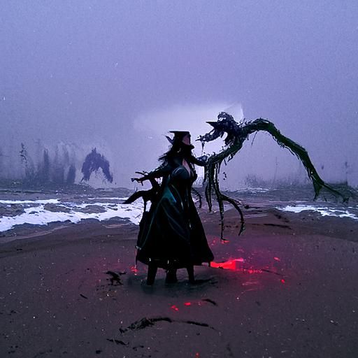 Female witch confronting a sinister eldritch monster on a foggy beach trending on Artstation