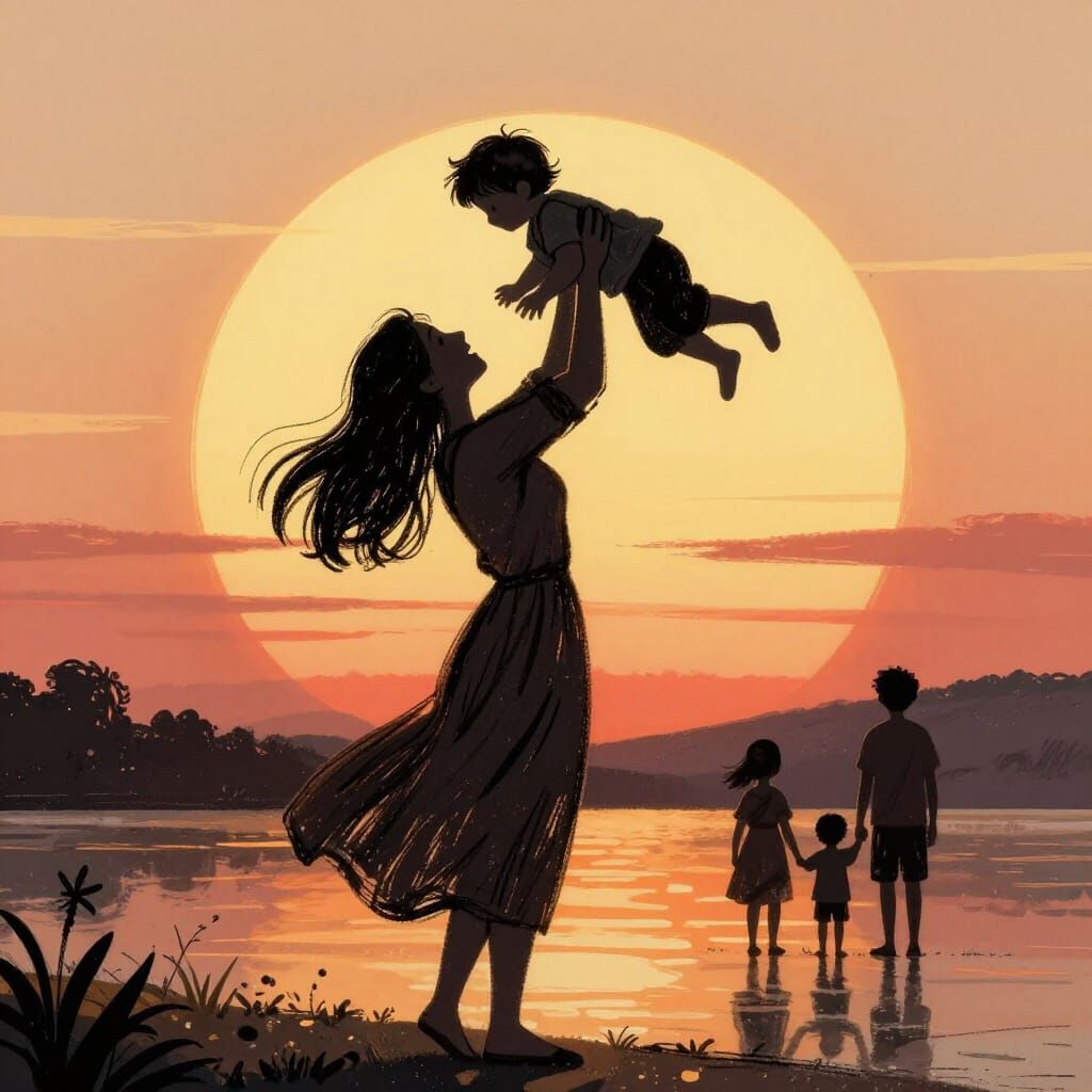 Mother Lifts Toddler at Sunset Silhouette