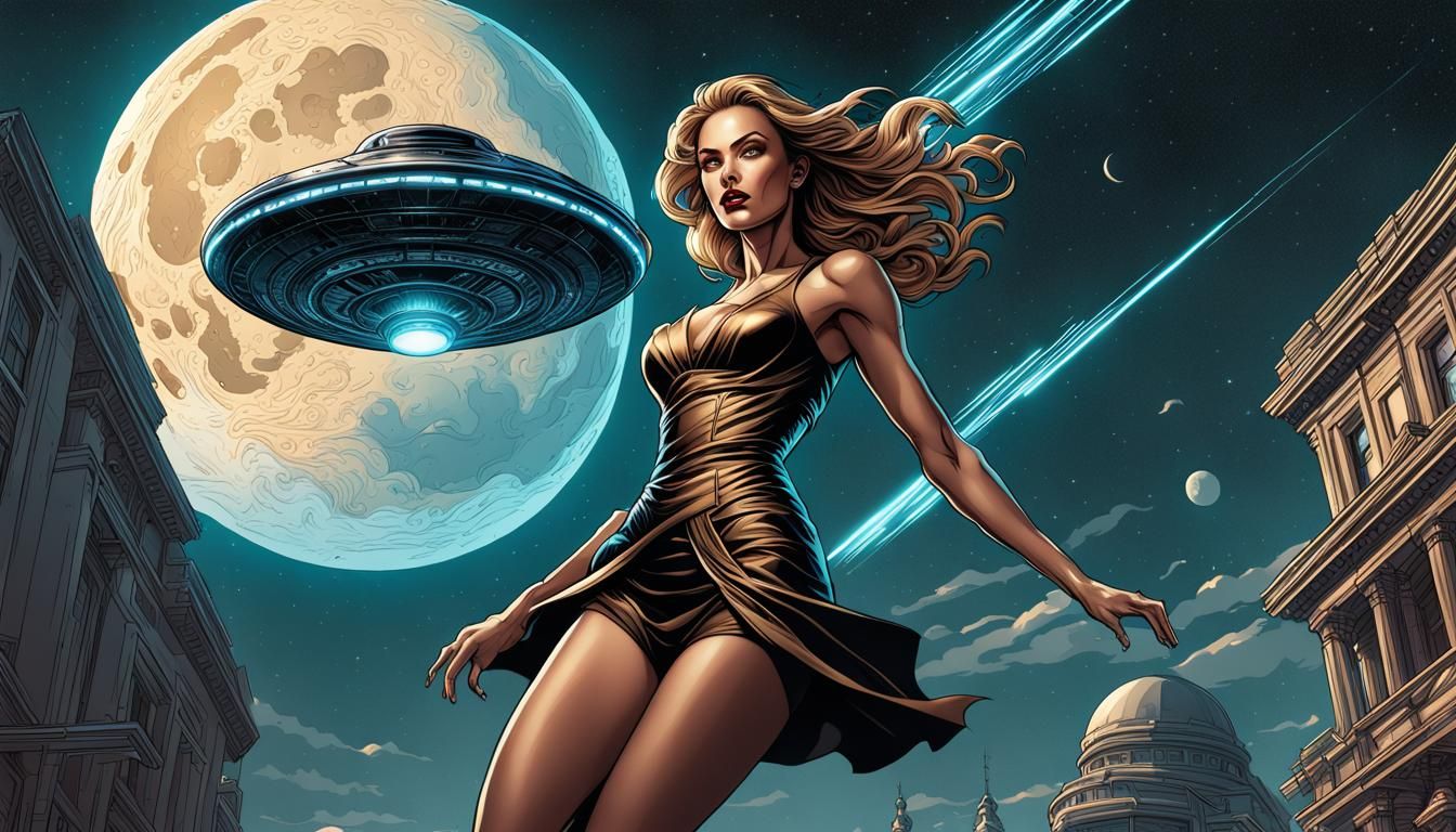 Supermodel Abduction by UFO in Comic Book Art