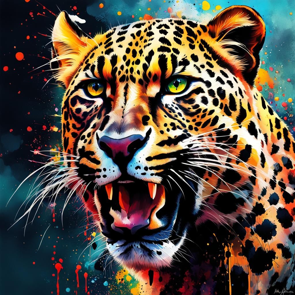 Majestic Leopard in Watercolor Splash Art Style
