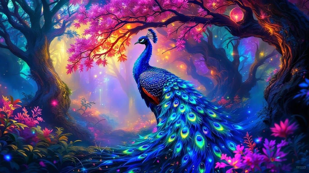 Majestic Peacock in Electric Rainbow Forest: Digital Art