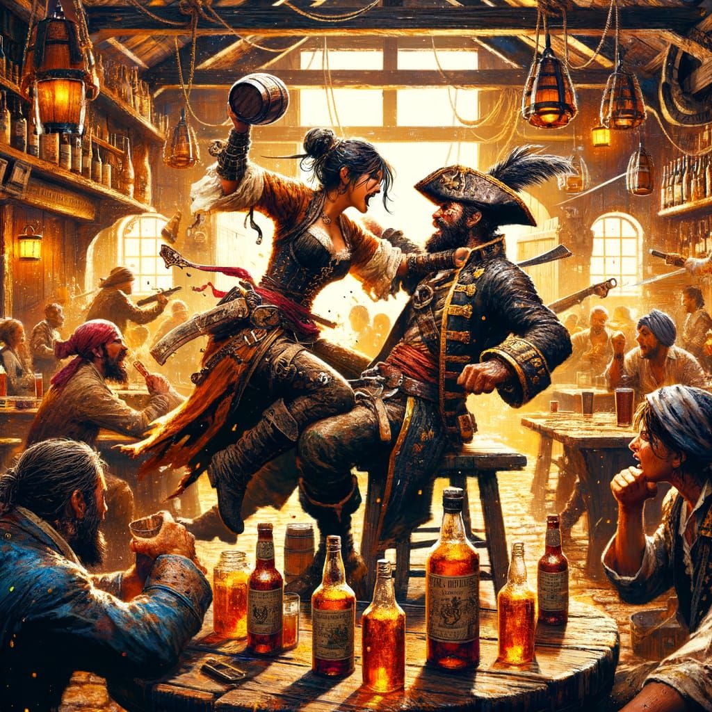 Pirate Tavern Brawl in Fantasy Illustration Style