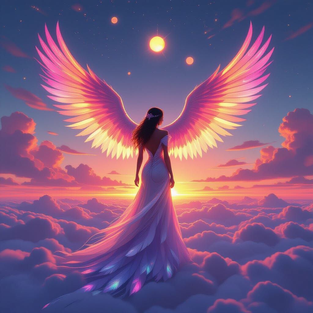 Radiant Woman with Phoenix Wings Above Glowing Horizon