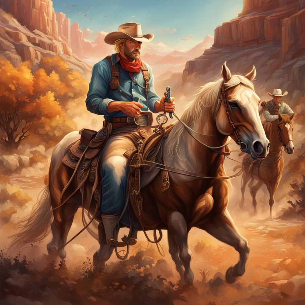 Hyperrealistic Cowboy with Pistols and Lasso