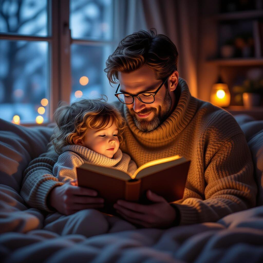 Father and Child Reading, Hyperrealistic 3D Illustration