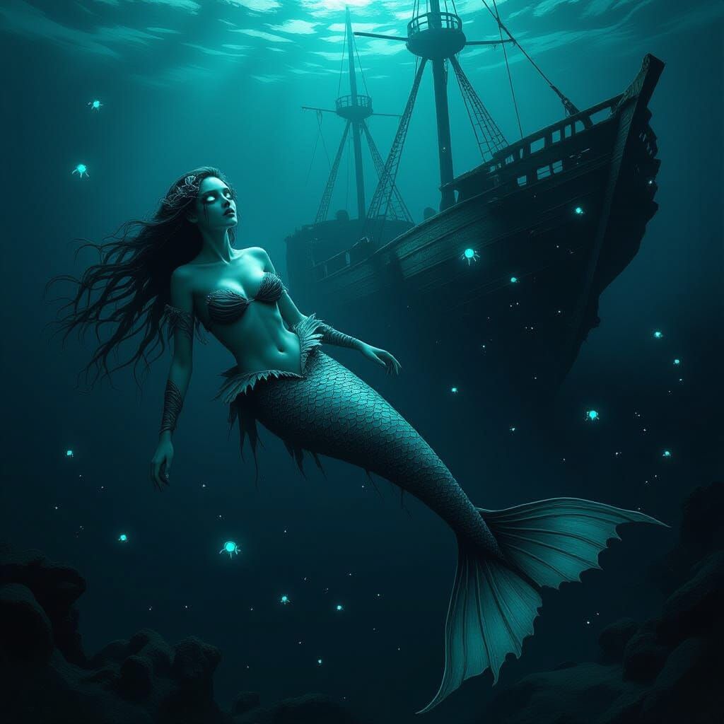 Eerie Mermaid in Black Water with Bioluminescence