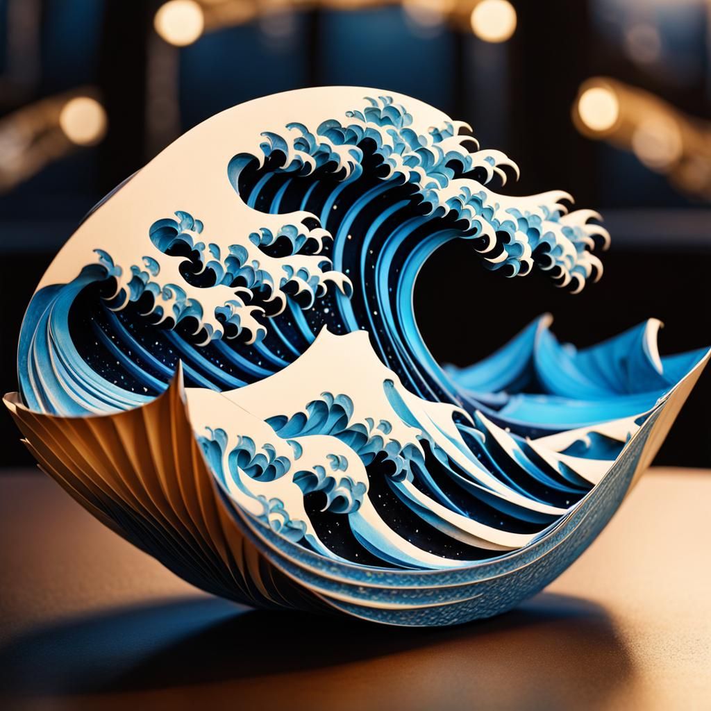 Clam Shell Wave with Atlantis in Papercraft Style