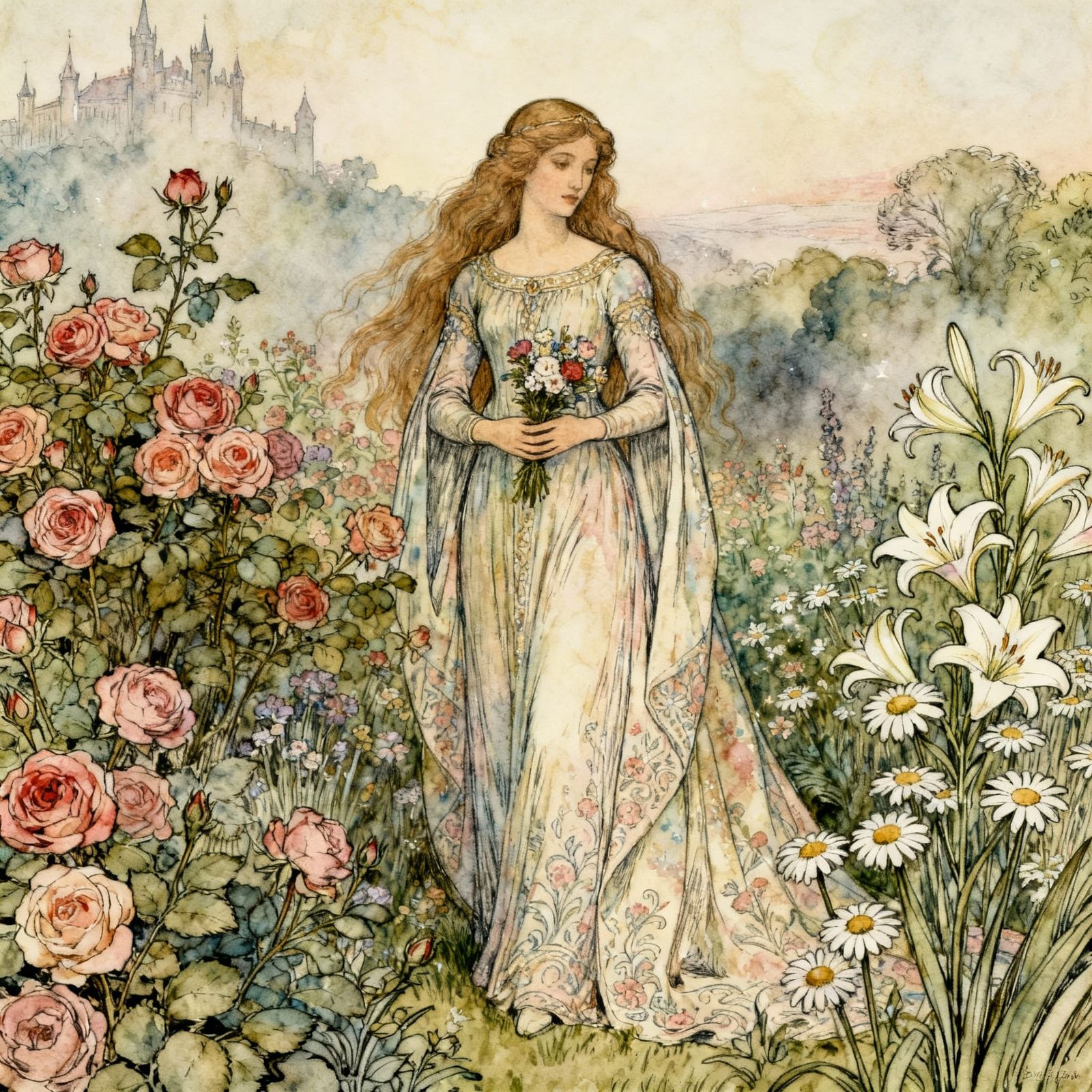 Fairytale Princess in a Rackham-Style Flower Garden