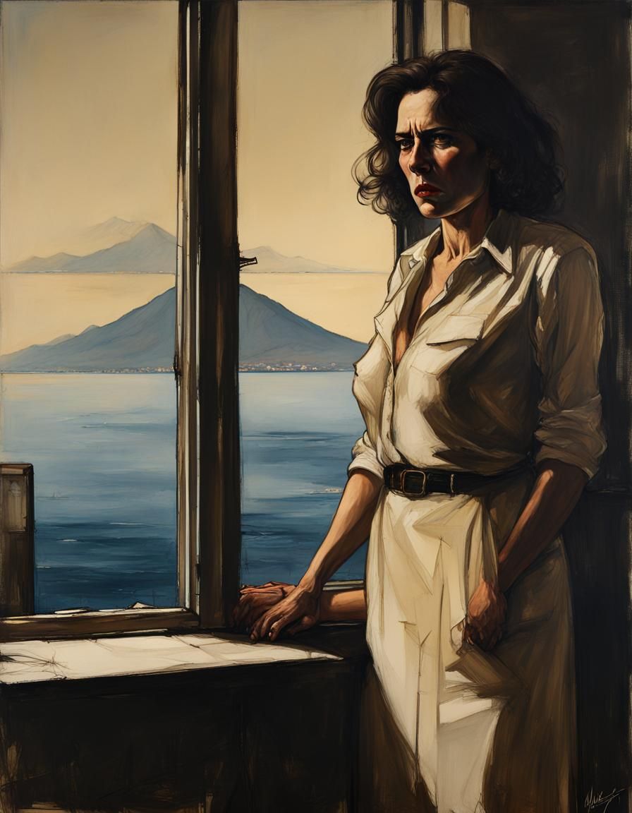 Italian Couple Overlooking Naples in Sketch Art Style