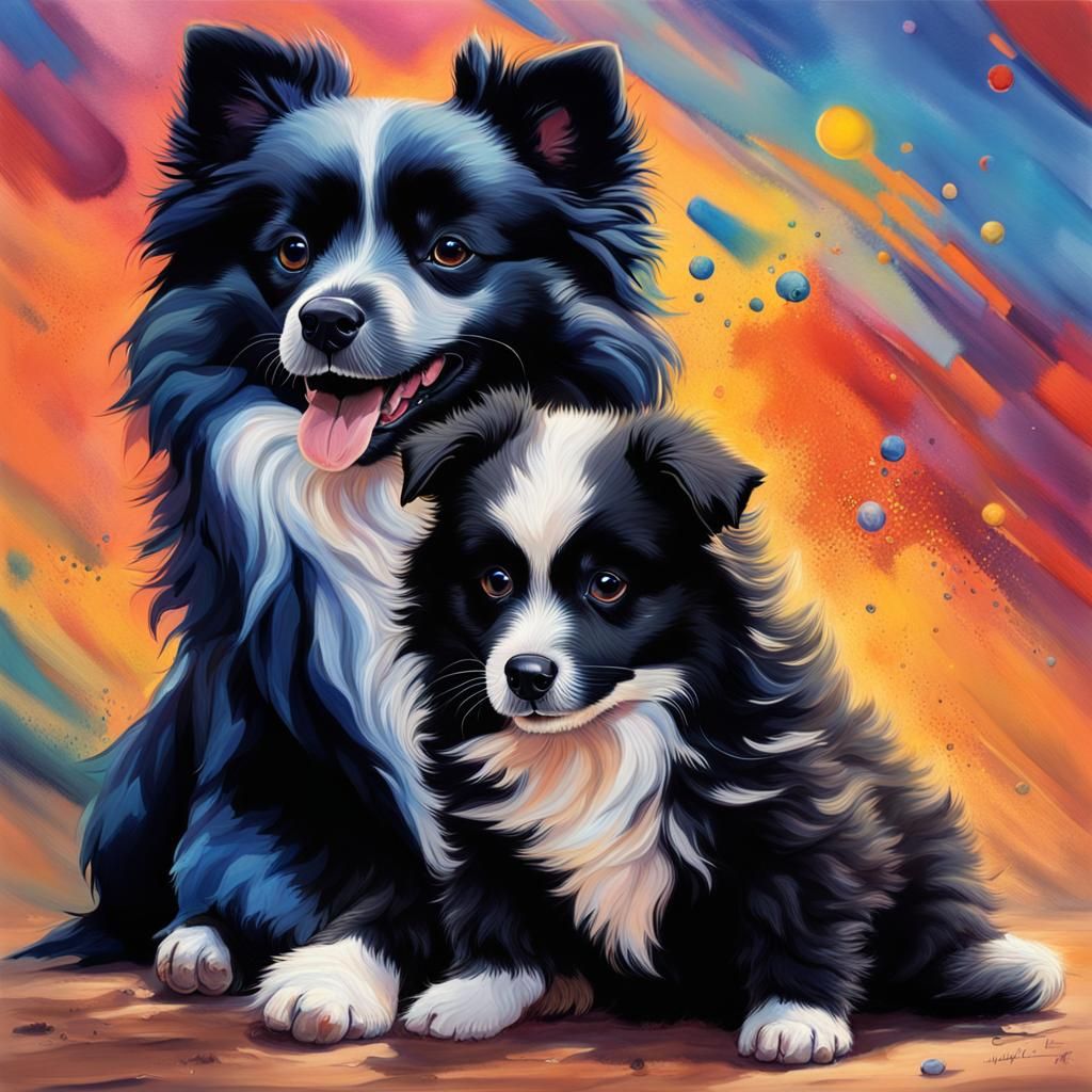 Black Pomeranian and Merle Border Collie Puppy